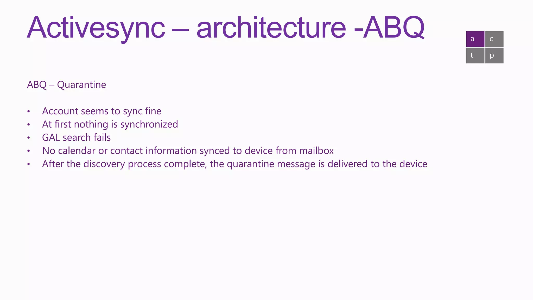 Activesync – architecture -ABQ                                                                a   c

                                                                                              t   p


ABQ – Quarantine

•   Account seems to sync fine
•   At first nothing is synchronized
•   GAL search fails
•   No calendar or contact information synced to device from mailbox
•   After the discovery process complete, the quarantine message is delivered to the device
 