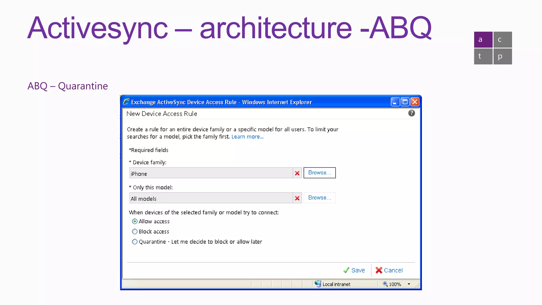 Activesync – architecture -ABQ   a   c

                                 t   p


ABQ – Quarantine
 