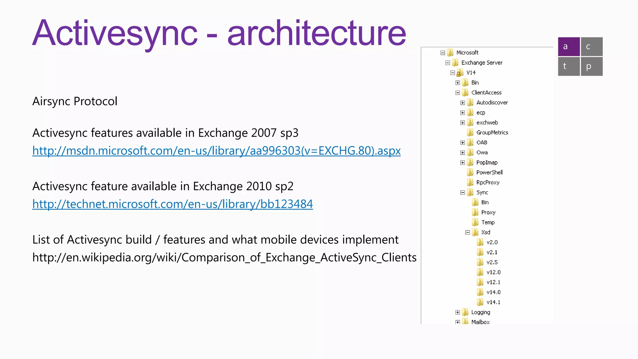 Activesync - architecture                                                a   c

                                                                         t   p


Airsync Protocol

Activesync features available in Exchange 2007 sp3
http://msdn.microsoft.com/en-us/library/aa996303(v=EXCHG.80).aspx

Activesync feature available in Exchange 2010 sp2
http://technet.microsoft.com/en-us/library/bb123484

List of Activesync build / features and what mobile devices implement
http://en.wikipedia.org/wiki/Comparison_of_Exchange_ActiveSync_Clients
 