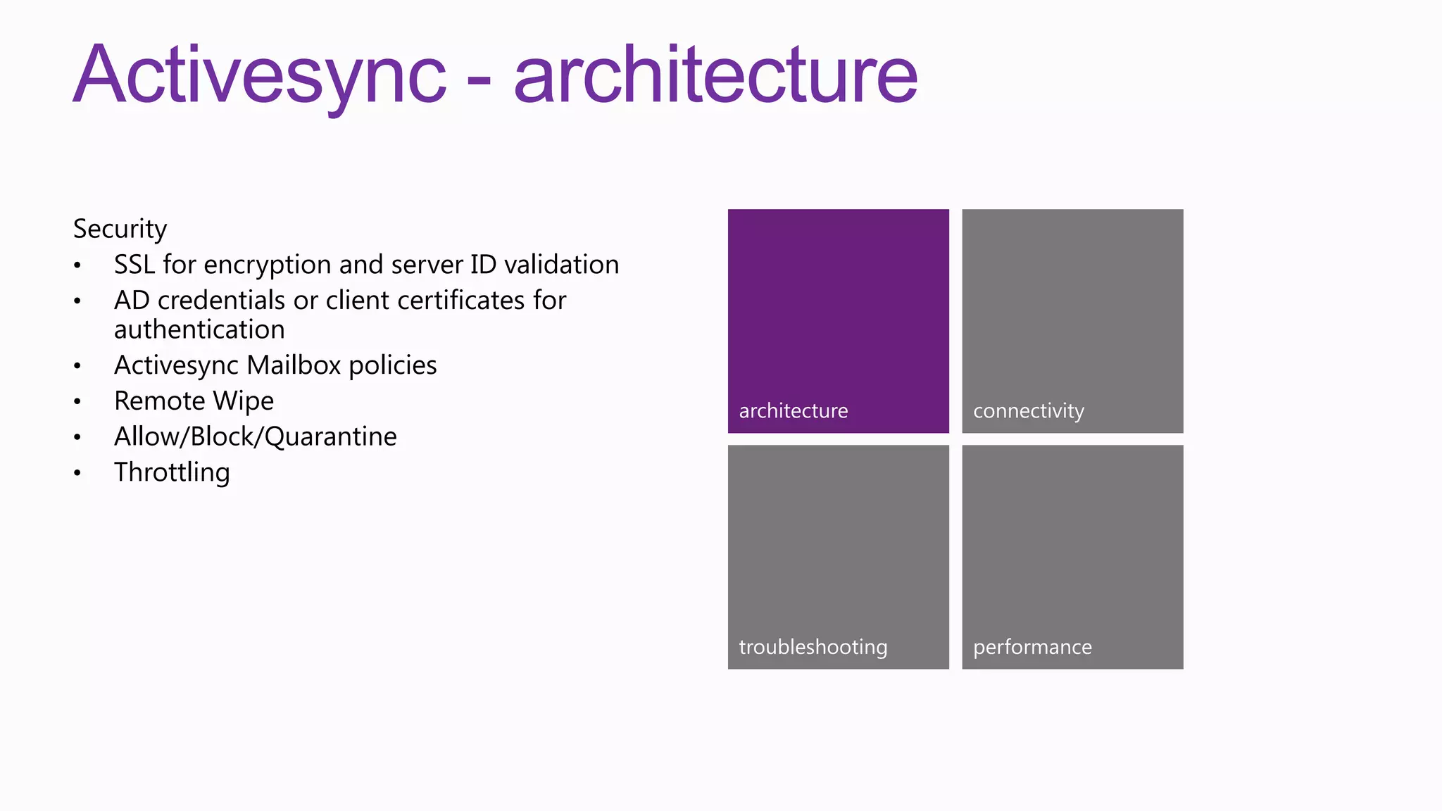 Activesync - architecture
Security
• SSL for encryption and server ID validation
• AD credentials or client certificates for
   authentication
• Activesync Mailbox policies
• Remote Wipe                                   architecture      connectivity
• Allow/Block/Quarantine
• Throttling




                                                troubleshooting   performance
 
