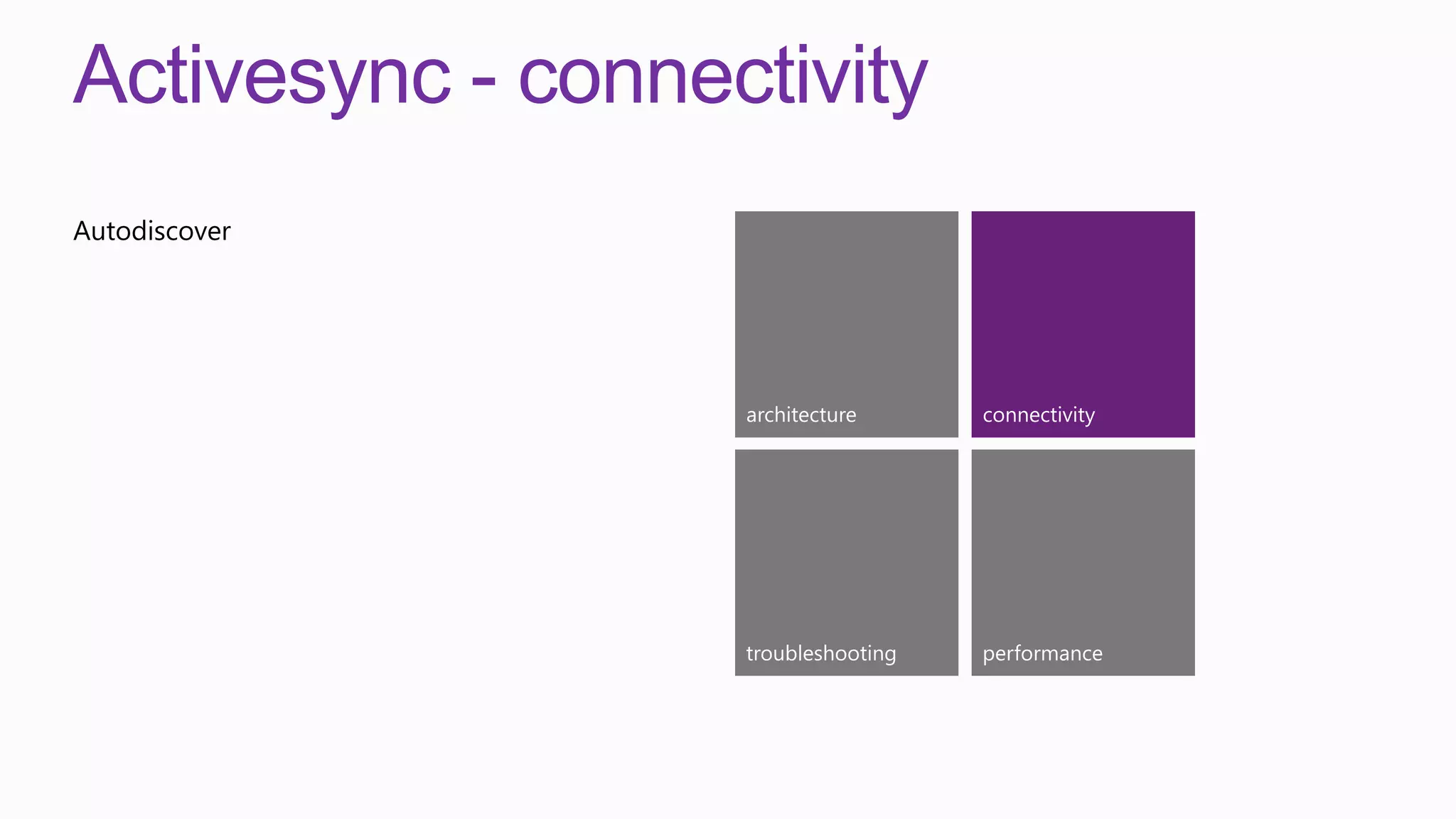 Activesync - connectivity
Autodiscover




                   architecture      connectivity




                   troubleshooting   performance
 