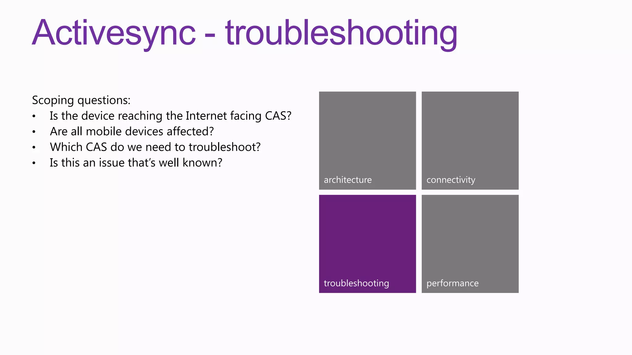 Activesync - troubleshooting
Scoping questions:
• Is the device reaching the Internet facing CAS?
• Are all mobile devices affected?
• Which CAS do we need to troubleshoot?
• Is this an issue that’s well known?
                                                    architecture      connectivity




                                                    troubleshooting   performance
 