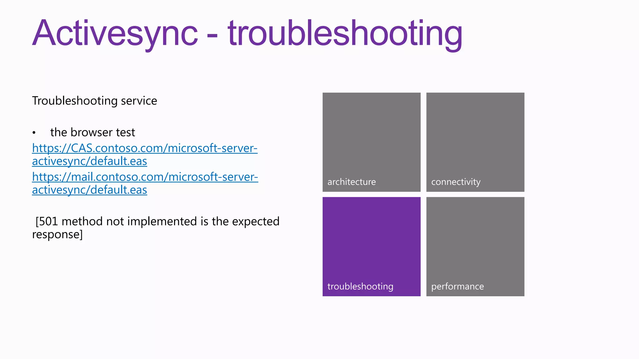 Activesync - troubleshooting
Troubleshooting service

•   the browser test
https://CAS.contoso.com/microsoft-server-
activesync/default.eas
https://mail.contoso.com/microsoft-server-     architecture      connectivity
activesync/default.eas

 [501 method not implemented is the expected
response]



                                               troubleshooting   performance
 