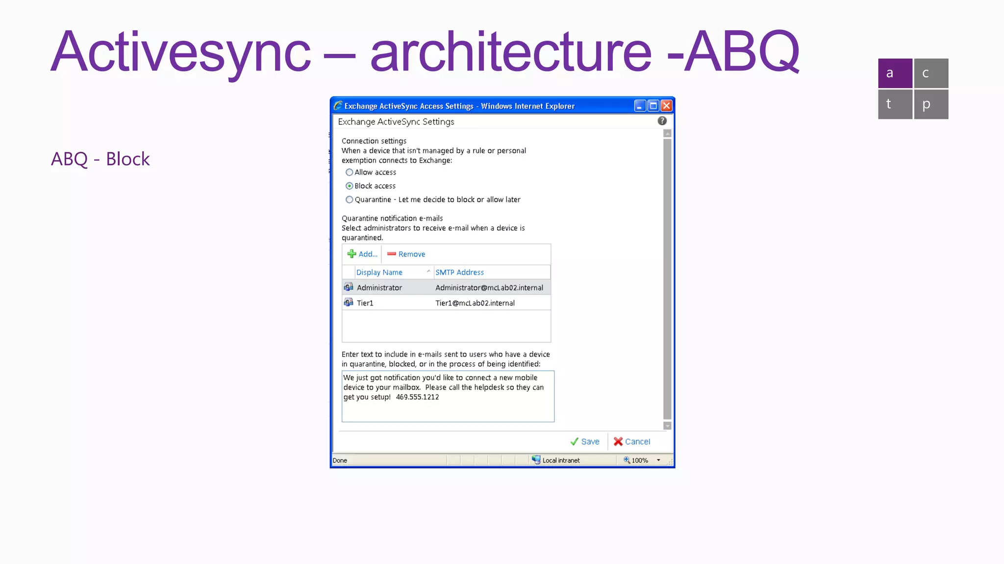 Activesync – architecture -ABQ   a   c

                                 t   p


ABQ - Block
 