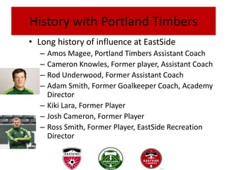 History with Portland Timbers
• Long history of influence at EastSide
   – Amos Magee, Portland Timbers Assistant Coach
   – Cameron Knowles, Former player, Assistant Coach
   – Rod Underwood, Former Assistant Coach
   – Adam Smith, Former Goalkeeper Coach, Academy
     Director
   – Kiki Lara, Former Player
   – Josh Cameron, Former Player
   – Ross Smith, Former Player, EastSide Recreation
     Director
 