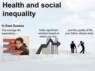 Health and social
inequality
In East Sussex
The average life    hides significant    ...and the quality of life
expectancy...      variation based on   your fellow citizens lead
                    where you live..
 