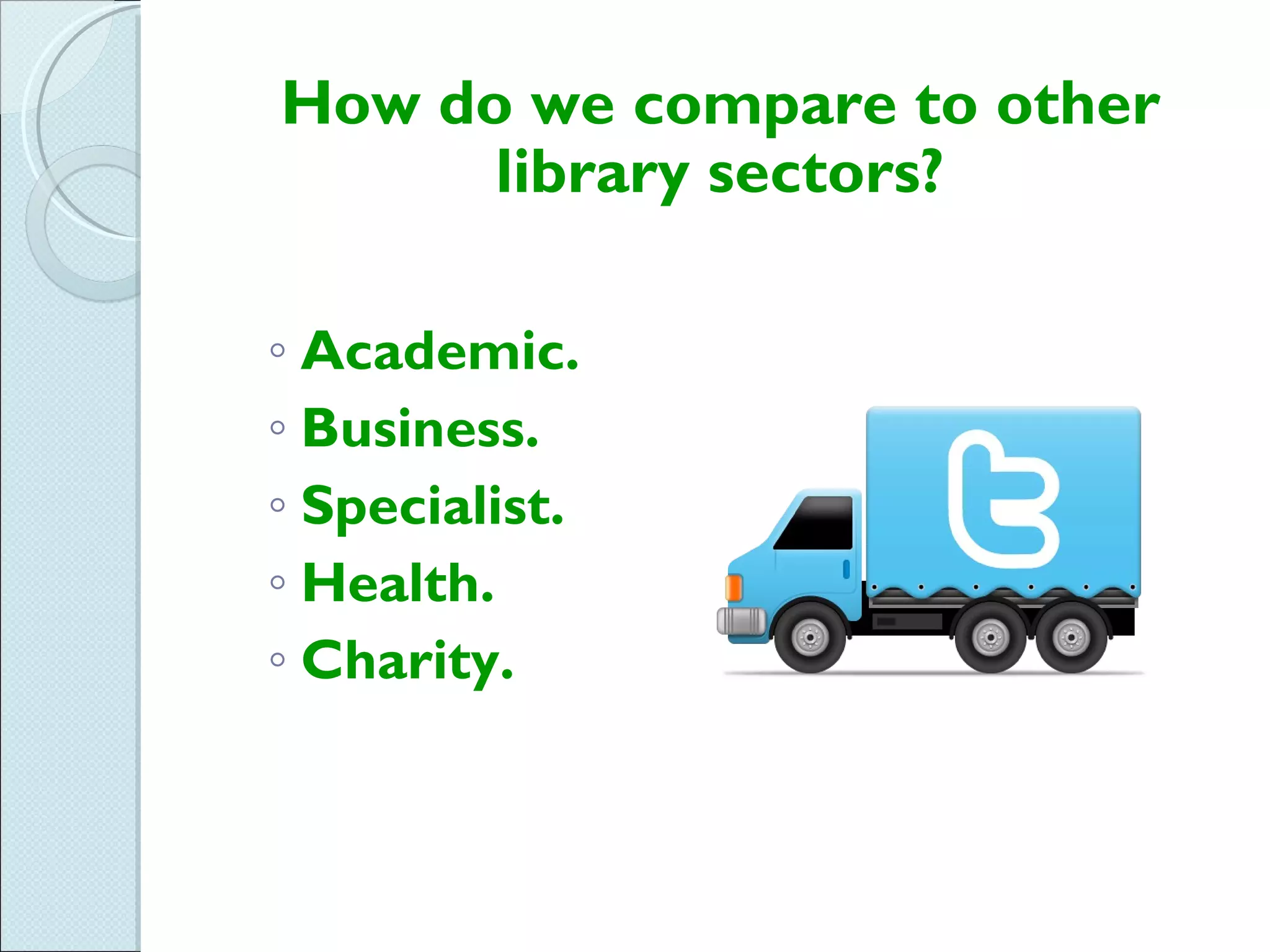 How do we compare to other
      library sectors?

◦ Academic.
◦ Business.
◦ Specialist.
◦ Health.
◦ Charity.
 