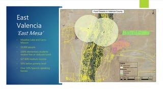 East
Valencia
‘East Mesa’
• Meadow Lake and Cerro
Mission
• 10,000 people
• 100% elementary students
receive free or reduced lunch
• $27,608 medium income
• 50% below poverty level
• Over 50% Spanish-speaking
homes
 
