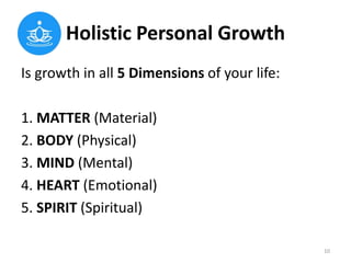 Holistic Personal Growth
Is growth in all 5 Dimensions of your life:
1. MATTER (Material)
2. BODY (Physical)
3. MIND (Ment...