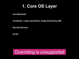 1. Core OS Layer
Core Bluetooth
Accelerate
Security Services
- Large calculations, image processing, DSP
Overriding is unsupported
I/O Kit
 