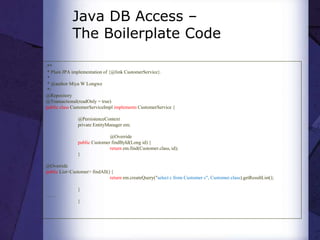 Java DB Access –
The Boilerplate Code
/**
* Plain JPA implementation of {@link CustomerService}.
*
* @author Miya W Longwe
*/
@Repository
@Transactional(readOnly = true)
public class CustomerServiceImpl implements CustomerService {
@PersistenceContext
private EntityManager em;
@Override
public Customer findById(Long id) {
return em.find(Customer.class, id);
}
@Override
public List<Customer> findAll() {
return em.createQuery("select c from Customer c", Customer.class).getResultList();
}
……
}
 