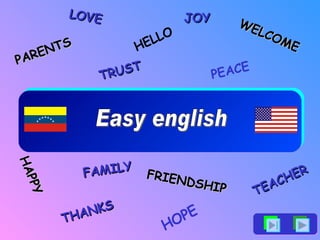 Easy english HELLO THANKS WELCOME FRIENDSHIP PARENTS TEACHER FAMILY LOVE HOPE PEACE TRUST JOY HAPPY 