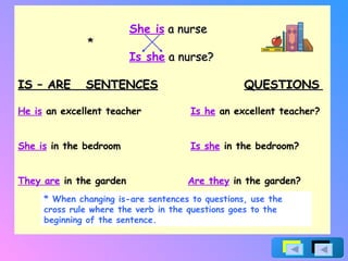   She is  a nurse * Is she  a nurse? IS – ARE  SENTENCES   QUESTIONS   He is  an excellent teacher  Is he  an excellent teacher? She is  in the bedroom  Is she  in the bedroom? They are  in the garden  Are they  in the garden? * When changing is-are sentences to questions, use the cross rule where the verb in the questions goes to the beginning of the sentence. 