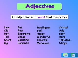 Adjectives An adjective is a  word  that describes New Old Hot Tall Short Big Intelligent Sad Happy Wonderful Cheerful Marvelous Fat Fast Expensive Cheap Beautiful Romantic Critical Ugly Soft Hard Talkative Stingy 