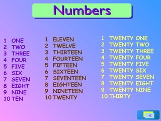Numbers ONE TWO THREE FOUR FIVE SIX SEVEN EIGHT NINE TEN ELEVEN TWELVE THIRTEEN FOURTEEN FIFTEEN SIXTEEN SEVENTEEN EIGHTEEN NINETEEN TWENTY TWENTY ONE TWENTY TWO TWENTY THREE TWENTY FOUR TWENTY FIVE TWENTY SIX TWENTY SEVEN TWENTY EIGHT TWENTY NINE THIRTY 