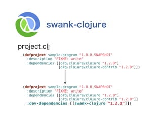 (defproject sample-program "1.0.0-SNAPSHOT"
??:description "FIXME: write"
??:dependencies [[org.clojure/clojure "1.2.0"]
?????????????????[org.clojure/clojure-contrib "1.2.0"]])




(defproject sample-program "1.0.0-SNAPSHOT"
??:description "FIXME: write"
??:dependencies [[org.clojure/clojure "1.2.0"]
?????????????????[org.clojure/clojure-contrib "1.2.0"]]
??:dev-dependencies [[swank-clojure "1.2.1"]])
 