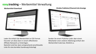 easy.tracking – Werbemittel Verwaltung
Werbemittel-Download Direkte Publisher/Channel Link-Anzeige
Laden Sie einfach die Werbemittel im CSV Format
herunter um diese dann in einem öffentlichen
Affiliate-Netzwerk zu hinterlegen.
Natürlich sind hier dann entsprechend verschlüsselte
Links für eine korrekte Zuordnung hinterlegt
Senden Sie einem Publisher (oder aber einem
Mitarbeiter einer anderen Abteilung) einfach den
Werbemittel-Code bzw. Klicklink zu
 