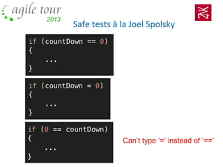 Safe tests à la Joel Spolsky
Can’t type ‘=’ instead of ‘==’
 