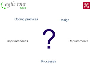 Coding practices Design
User interfaces Requirements
Processes
?
 