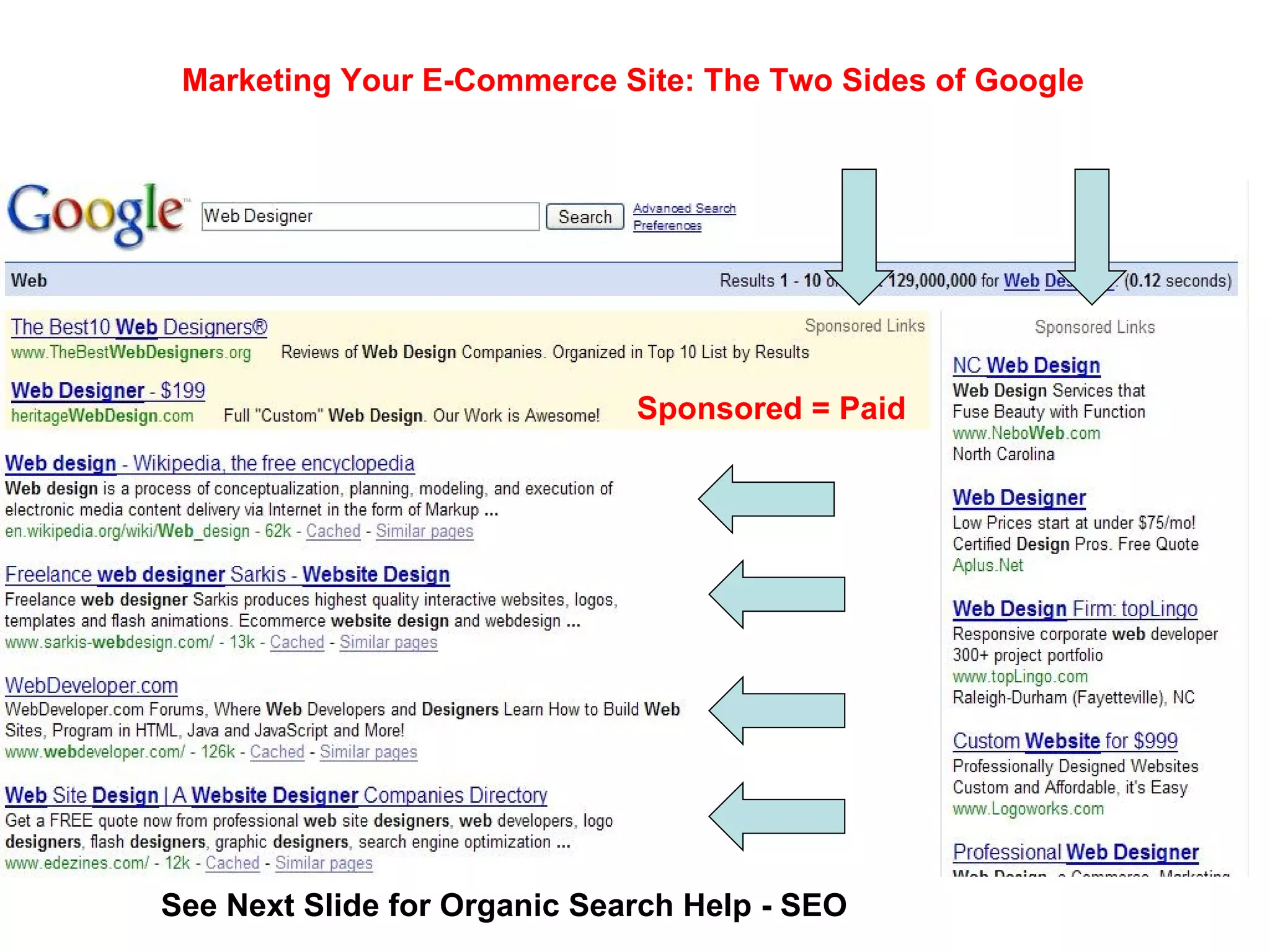 Marketing Your E-Commerce Site: The Two Sides of Google See Next Slide for Organic Search Help - SEO Sponsored = Paid 