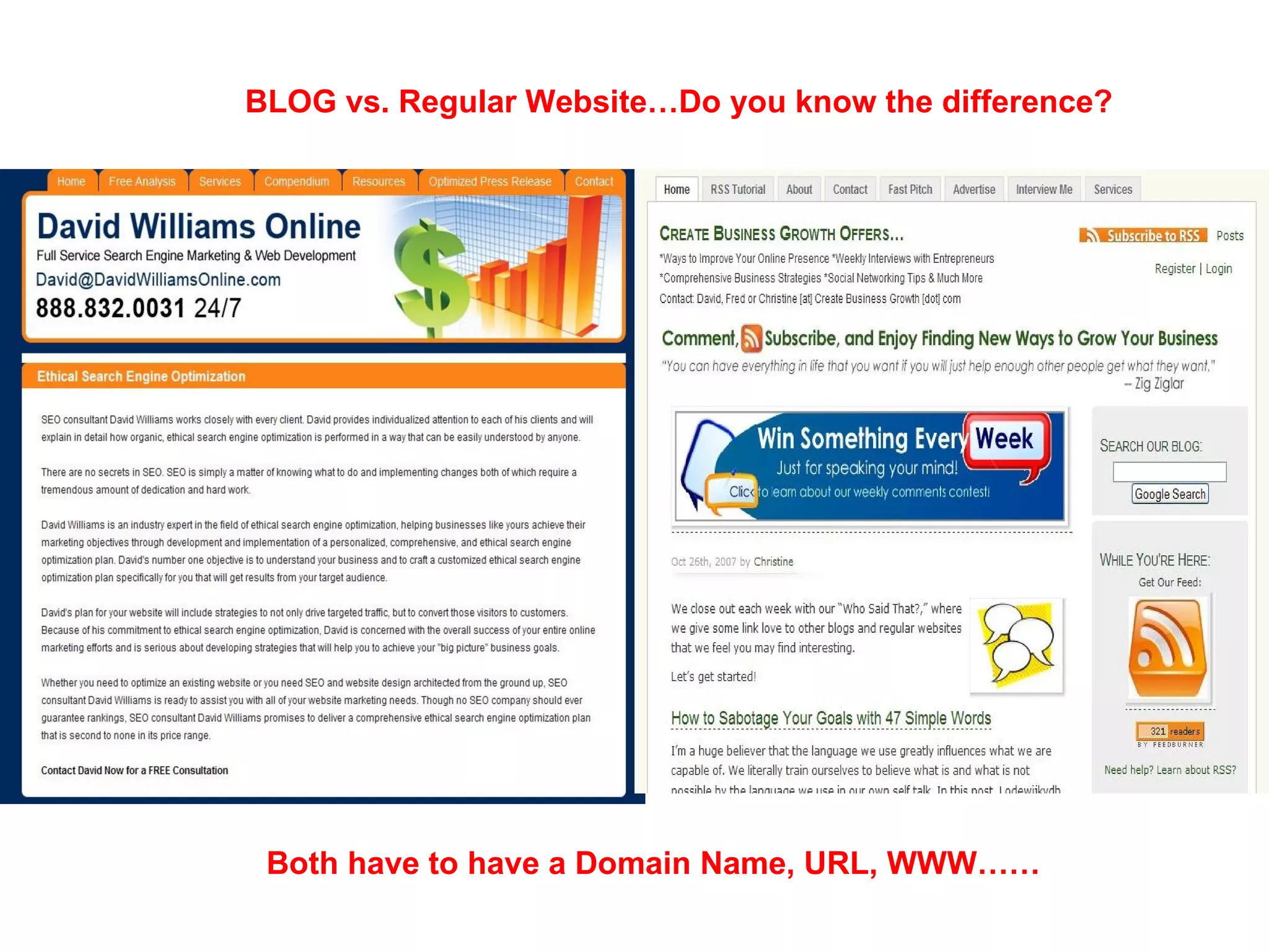 BLOG vs. Regular Website…Do you know the difference? Both have to have a Domain Name, URL, WWW…… 