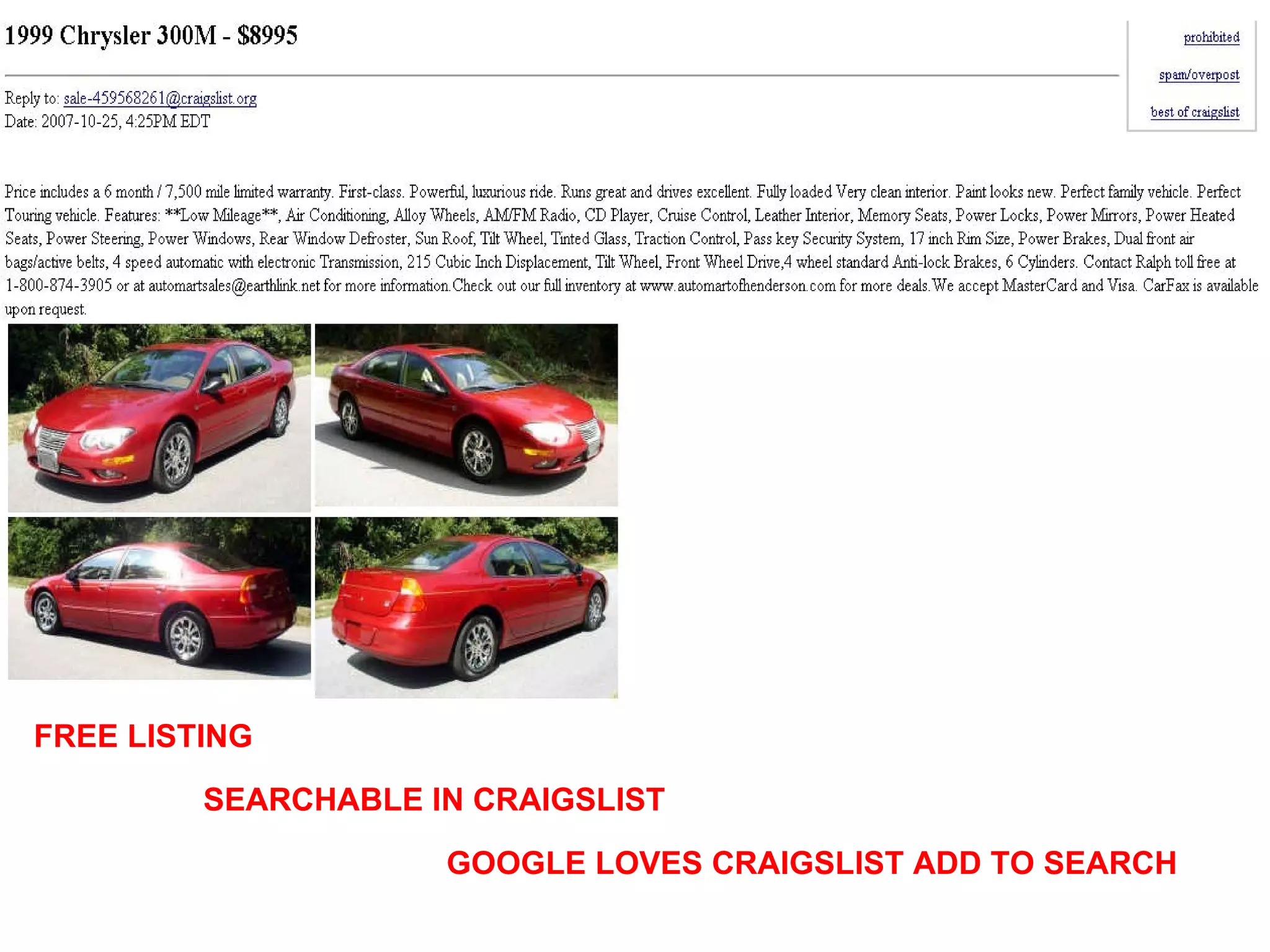 FREE LISTING SEARCHABLE IN CRAIGSLIST GOOGLE LOVES CRAIGSLIST ADD TO SEARCH 