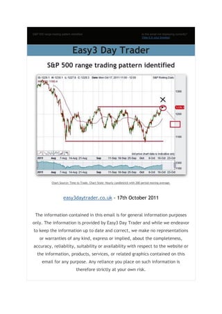 S&P 500 range trading pattern identified                                            Is this email not displaying correctly?
                                                                                    View it in your browser.




                               Easy3 Day Trader
           S&P 500 range trading pattern identified




               Chart Source: Time to Trade. Chart Style: Hourly candlestick with 200 period moving average.




                        easy3daytrader.co.uk - 17th October 2011


  The information contained in this email is for general information purposes
only. The information is provided by Easy3 Day Trader and while we endeavor
to keep the information up to date and correct, we make no representations
     or warranties of any kind, express or implied, about the completeness,
accuracy, reliability, suitability or availability with respect to the website or
   the information, products, services, or related graphics contained on this
       email for any purpose. Any reliance you place on such information is
                                  therefore strictly at your own risk.
 