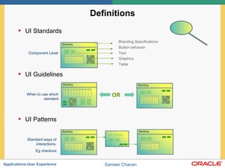 Definitions UI Standards  UI Guidelines UI Patterns Component Level When to use which standard Standard ways of interactions. Eg checkout Branding Specifications Button behavior Text Graphics Table OR 