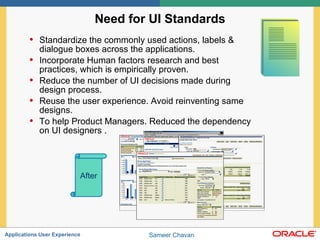 Need for UI Standards Standardize the commonly used actions, labels & dialogue boxes across the applications.  Incorporate Human factors research and best practices, which is empirically proven. Reduce the number of UI decisions made during design process.  Reuse the user experience. Avoid reinventing same designs. To help Product Managers. Reduced the dependency on UI designers . After 