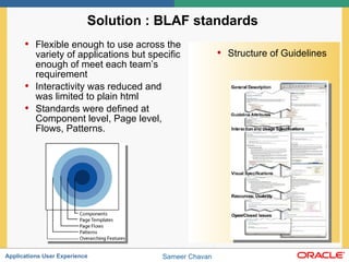 Solution : BLAF standards  Flexible enough to use across the variety of applications but specific enough of meet each team’s requirement  Interactivity was reduced and was limited to plain html  Standards were defined at Component level, Page level, Flows, Patterns. Structure of Guidelines 