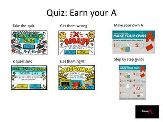 Quiz: Earn your A
Take the quiz
8 questions
Get them wrong
Get them right
Make your own A
Step by step guide
 