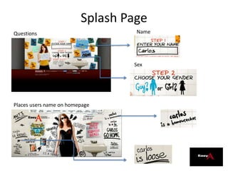 Splash Page
Name
Sex
Places users name on homepage
Questions
 