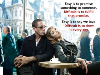 Easy is to promise
something to someone.
  Difficult is to fulfill
     that promise.
Easy is to say we love.
  Difficult is to show
     it every day.
 