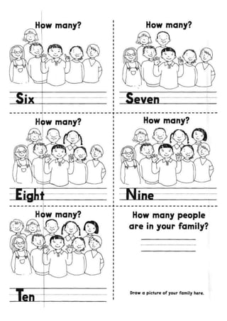 How many How many?
How many? How many people
are in your family?
Draw a picture of your family here.
How many?
 