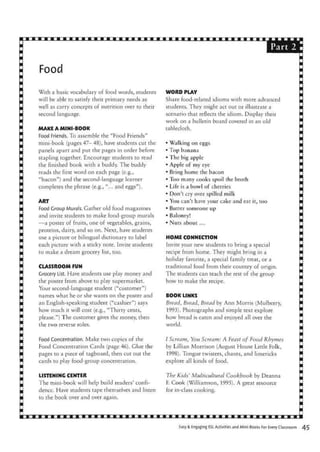Food
Part
With a basic vocabulary of food words, students
will be able to satisfy their primary needs as
well as carry concepts of nutrition over to their
second language.
MAKE A MINI-BOOK
Food Friends. To assemble the "Food Friends"
mini-book (pages 47-48), have students cut the
panels apart and put the pages in order before
stapling together. Encourage students to read
the finished book with a buddy. The buddy
reads the first word on each page (e.g.,
"bacon") and the second-language learner
completes the phrase (e.g., "... and eggs").
ART
Food Group Murals. Gather old food magazines
and invite students to make food-group murals
— a poster of fruits, one of vegetables, grains,
proteins, dairy, and so on. Next, have students
use a picture or bilingual dictionary to label
each picture with a sticky note. Invite students
to make a dream grocery list, too.
CLASSROOM FUN
Grocery List. Have students use play money and
the poster from above to play supermarket.
Your second-language student ("customer")
names what he or she wants on the poster and
an English-speaking student ("cashier") says
how much it will cost (e.g., "Thirty cents,
please.") The customer gives the money, then
the two reverse roles.
WORD PLAY
Share food-related idioms with more advanced
students. They might act out or illustrate a
scenario that reflects the idiom. Display their
work on a bulletin board covered in an old
tablecloth.
• Walking on eggs
• Top banana
• The big apple
• Apple of my eye
• Bring home the bacon
• Too many cooks spoil the broth
• Life is a bowl of cherries
• Don't cry over spilled milk
• You can't have your cake and eat it, too
• Butter someone up
• Baloney!
• Nuts about ...
HOME CONNECTION
Invite your new students to bring a special
recipe from home. They might bring in a
holiday favorite, a special family treat, or a
traditional food from their country of origin.
The students can teach the rest of the group
how to make the recipe.
BOOK LINKS
Bread, Bread, Bread by Ann Morris (Mulberry,
1993). Photographs and simple text explore
how bread is eaten and enjoyed all over the
world.
Food Concentration. Make two copies of the
Food Concentration Cards (page 46). Glue the
pages to a piece of tagboard, then cut out the
cards to play food-group concentration.
LISTENING CENTER
The mini-book will help build readers' confi-
dence. Have students tape themselves and listen
to the book over and over again.
1 Scream, You Scream: A Feast of Food Rhymes
by Lillian Morrison (August House Little Folk,
1998). Tongue twisters, chants, and limericks
explore all kinds of food.
The Kids' Multicultural Cookbook by Deanna
F. Cook (Williamson, 1995). A great resource
for in-class cooking.
Easy & Engaging SL Activities and Mini-Books For Every Classroom
 