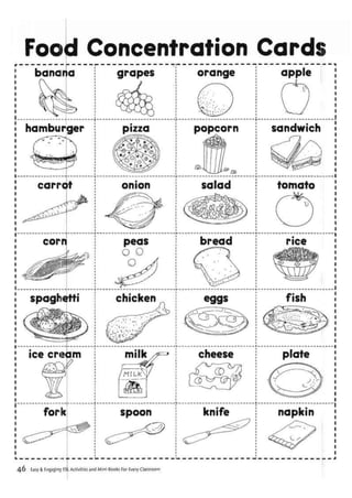 carrot onion salad
ice cream cheese
spoon knife
Easy & Engaging ESL Activities and Mini-Books For Every Classroom
Cards—————— ————-- —n
opple
sandwich
tomato
napkin
Food Concentration
banana grapes orange
corn peas
Q O
bread
hamburger
spaghetti chicken eggs
 