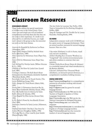 Classroom Resources
NEWCOMER LIBRARY
These books address the special experiences
of ch ldren new to the United States. Clear
visua caes and simple text will aid students'
comprehension and help them feel that they are
not a one in their experience. If a book is too
advanced for an individual learner, you might
read it doud to the group so that the newcomer
can pick out the basic themes.
America the Beautiful by Katharine Lee Bates
(Athene um, 1993)
Angel Child, Dragon Child by Michele Surat
Surat (Scholastic, 1989)
Anno's Journey by Mitsumasa Anno (Paper Star,
1997)
Anno's LISA by Mitsumasa Anno (Paper Star,
1998)
Call Me Ruth by Marilyn Sachs (Willam Morrow
&c Co., 1995)
Children of the River by Linda Crew (Laurel
Leaf, 1991)
Coming to America: The Kid's Book About
Immigration by David Fassler, Kimberly Danforth
(Waterfront Books, 1993)
Everybody Cooks Rice by Norah Dooley (The
Lerner Publishing Group, 1991)
Hello, Amigos! by Tricia Brown (Henry Holt,
1992)
Hoang Anh: A Vietnamese-American Boy by
Diane Hoyt-Goldsmith (Holiday House, 1992)
How My Family Lives in America by Susan
Kuklin (Simon &C Schuster, 1992)
/ Hate F.nglish! by Ellen Levine (Econo-Clad,
1992)
In My father's House by Ann Rinaldi (Econo-
Clad, 1^99)
to America by Sonia Levitin (Atheneum,Journey
1993)
Orphan
Andrea
The Lor
Train Rider: One Boy's True Story by
Warren (Houghton Mifflin, 1996)
Way to a New Land by Joan Sandin
(HarperjTrophy, 1986)
The Star Fisher by Laurence Yep (Puffin, 1992)
Train to Somewhere by Eve Bunting (Houghton
Mifflin, 2000)
Yang the Youngest and His Terrible Ear by Lensey
Namioka (Yearling Books, 1994)
CD-ROMS
Independent computer work with CD-ROMS car
be a great source of language development. There
are several excellent resources for second-languagt
learners. Here are a few:
1 Spy series (Scholastic) is rich in rhyme, visual
cues and new vocabulary.
Arthur's Reading Race (Creative Wonders) is a
"living book" that involves environmental print
and allows students to construct their own
sentences.
Chicka Chicka Boom Boom (Simon &C Schuster)
is a wonderful musical and visual introduction to
the Roman alphabet.
JJsborne's Animated First Thousand Words
(Scholastic), an interactive picture dictionary, is a
comprehensive vocabulary-building resource.
USEFUL WEB SITES
http://www.everythingesl.net is a comprehensive
resource for all teachers working with second-
language learners.
http://eslgames.com has games for second-
language learners.
http://www.tesol.com is the Web site for the
Teachers of English to Speakers of Other
Languages Association.
http://www.nabe.org is the Web site for the
National Association for Bilingual Education,
http://www.eslmag.com is an online ESL
magazine.
http://www.etanewsletter.com is a newsletter for:
English as a Foreign Language teachers.
http://www.teachers.net has chat rooms for
teachers of second-language learners.
Easy & Engaging ESL Activities and Mini-Books For Every Classroom
 