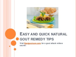 EASY AND QUICK NATURAL
GOUT REMEDY TIPS
Visit Bestgoutcure.com for a gout attack relieve
secret!
 