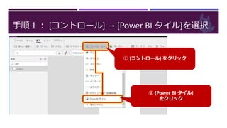 手順１： [コントロール] → [Power BI タイル]を選択
① [コントロール] をクリック
② [Power BI タイル]
をクリック
 