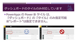 ダッシュボードのタイルのみ対応しています
 PowerApps の Power BI タイル は、
『ダッシュボード』の『タイル』のみ指定可能
※“レポート”は指定できません。
 
