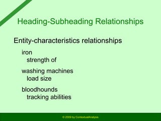 Heading-Subheading Relationships
Entity-characteristics relationships
iron
strength of
washing machines
load size
bloodhounds
tracking abilities
© 2009 by ContextualAnalysis

 