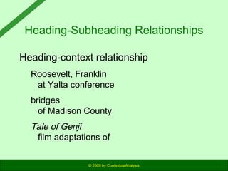 Heading-Subheading Relationships
Heading-context relationship
Roosevelt, Franklin
at Yalta conference
bridges
of Madison County

Tale of Genji
film adaptations of
© 2009 by ContextualAnalysis

 