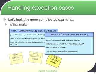 Handling exception cases
Let’s look at a more complicated example...
Withdrawals:
  Task – Withdraw money from an account
 given "an account with a certain balance" Task – Withdraw too much money
 when "a sum is withdrawn from the account"
                                         given "an account with a certain balance"
 then "the withdrawn sum is deducted from the account
 balance".                               when "a sum is withdrawn from the account"
                                         then "an error is raised"
                                           and "the balance remains unchanged "
                          Task
   Task                Make init                      Tas
           w                    ial
   Open ne              deposit                   Wi     k
                                                     thd
    account                                       mo raw
                                                     ney



                                 Agile2009 - Making Agile Real
                                                                                      20
 