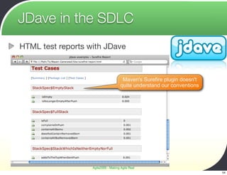 JDave in the SDLC
HTML test reports with JDave



                                       Maven's Surefire plugin doesn't
                                      quite understand our conventions




                   Agile2009 - Making Agile Real
                                                                         54
 