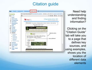 Citation guide
                       Need help
                   understanding
                      and finding
                    information?

                  Clicking on the
                 “Citation Guide”
                 tab will take you
                    to a page that
                       defines key
                     sources, and
                 using examples,
                   shows you the
                         location of
                     different data
                           elements
 