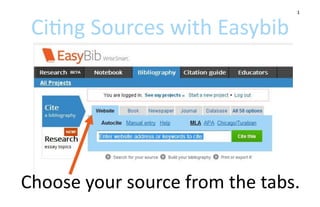 1


 Citing Sources with Easybib




Choose your source from the tabs.
 