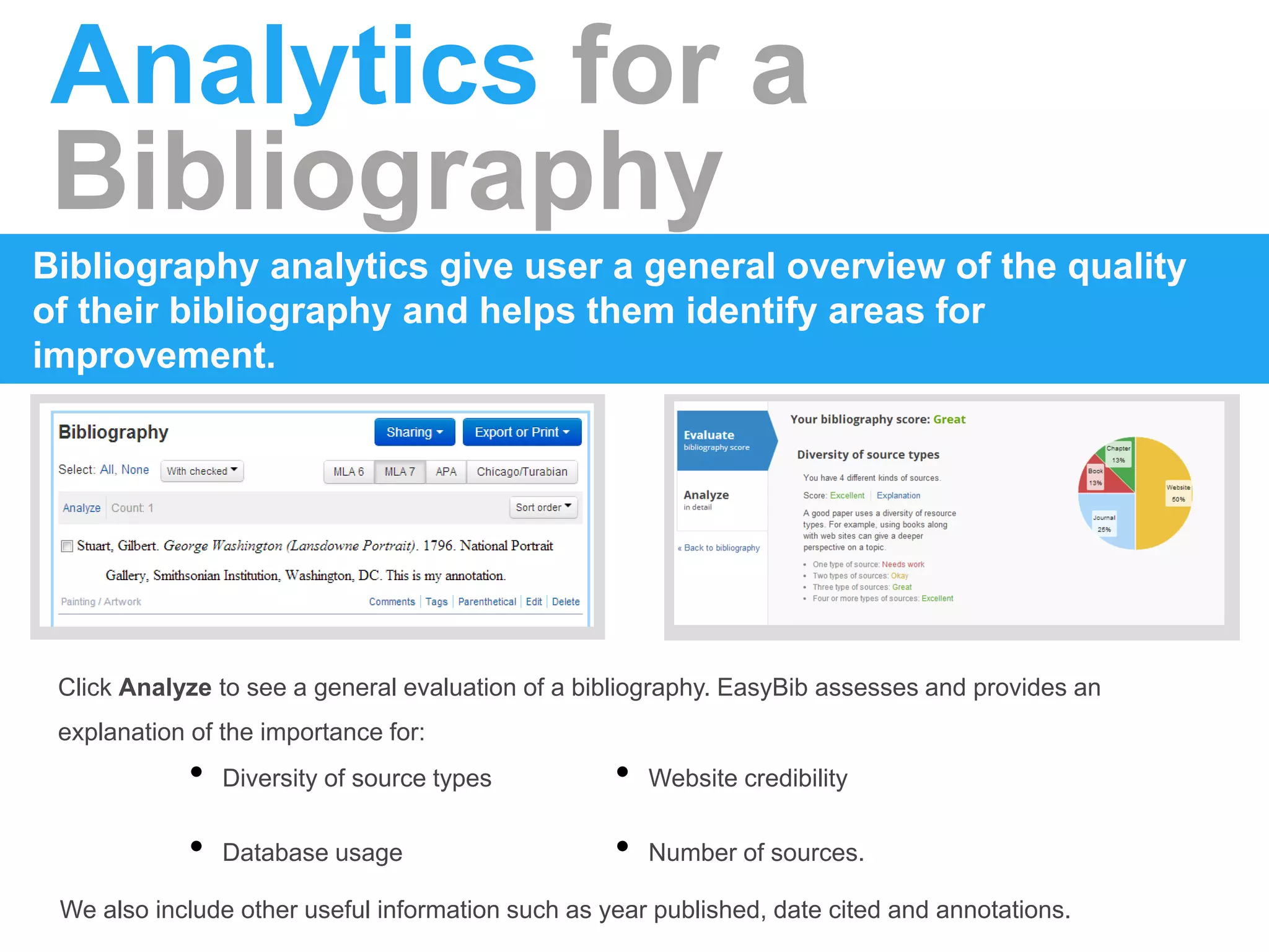 Analytics for a
Bibliography
Bibliography analytics give user a general overview of the quality
of their bibliography and helps them identify areas for
improvement.
Click Analyze to see a general evaluation of a bibliography. EasyBib assesses and provides an
explanation of the importance for:
• Diversity of source types
• Database usage
• Website credibility
• Number of sources.
We also include other useful information such as year published, date cited and annotations.
 