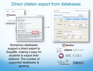 Direct citation export from databases




   Numerous databases
 support a direct export to
EasyBib, making it easy for
  students to export their
 citations. The number of
  supported databases is
          growing
 