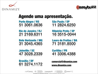 Agende uma apresentação.
Porto Alegre / RS                                                               São Paulo / SP
51 3061.0636                                                                    11 2824.6250
Rio de Janeiro / RJ                                                             Ribeirão Preto / SP
21 2169.6311                                                                    16 3515-0044
Belo Horizonte / MG                                                             Lauro de Freitas / BA
31 3045.4365                                                                    71 3181.8500
Joinville / SC                                                                  Curitiba / PR
47 3028.2339                                                                    41 3306.4388
Brasília / DF                                                                  comercial@dinamize.com
61 3274.1172                                                                   www.dinamize.com


            Guia	
  Básico	
  de	
  U.lização	
  do	
  Easy	
  Buzz	
  –	
  Data	
  de	
  atualização:	
  28/03/2011	
  09:30.
 