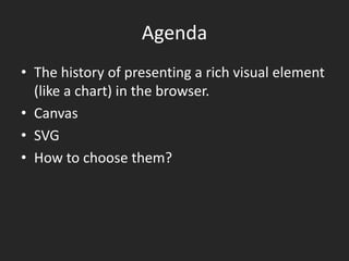 AgendaThe history of presenting a rich visual element (like a chart) in the browser.CanvasSVGHow to choose them?